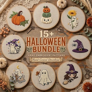 May include: A collection of eight circular wooden embroidery hoops featuring Halloween-themed designs including pumpkins, a ghost with a sunflower, a cat in a witch hat, a spider web hat, a moth, a ghost, and a witch. Text reads 15+ HALLOWEEN BUNDLE.