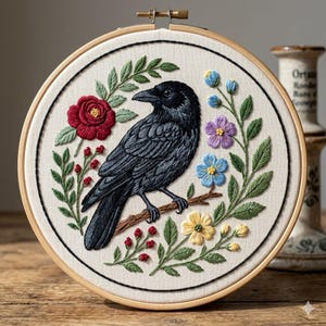 May include: A circular embroidery hoop containing a fabric panel with a detailed thread-stitched black crow perched on a brown branch. The bird is surrounded by a wreath of green leaves, a large red rose, small red berries, and blue, purple, and yellow flowers.