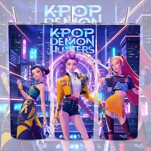 May include: A tumbler featuring a vibrant illustration of three anime-style figures in a futuristic cityscape. The design includes the text "KPOP DEMON HUNTERS" in bold lettering, with neon accents and a purple and blue color scheme.