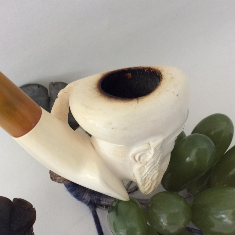 carved smoking pipe gift idea Turkish amber Bakelite stem Meerschaum Pipe
