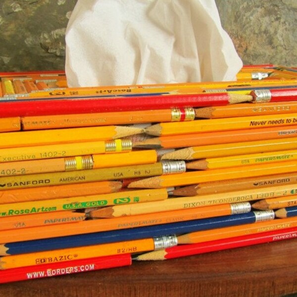 Pencil Covered Tissue Box - upcycled Home Decor - repurposed pencils - recycled - Kid’s Room Decor - teacher gift - Library  Decor