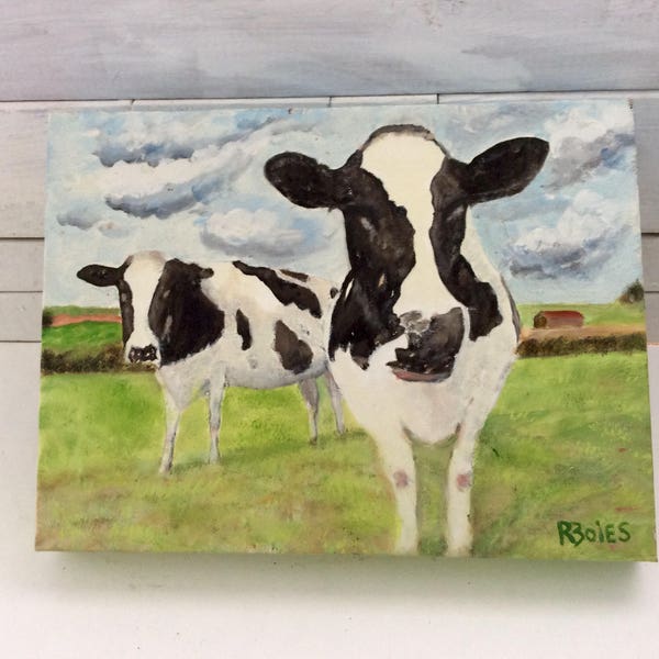 Cow Art - Original - Unframed Cow painting on canvas - acrylic - signed - Farmhouse Decor - Outsider Art - Cow Lovers Gift - Amateur Art