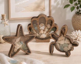 Caja de exhibición de conchas marinas de madera personalizada, estuche para guardar vidrio marino, soporte de escritorio con diseño de playa grabado, caja de recuerdos con forma de estrella de mar, regalo de cumpleaños
