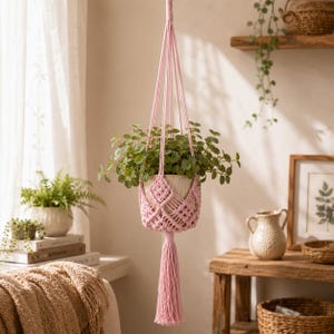 May include: A light pink macrame plant hanger featuring a knotted diamond pattern and a long tassel at the bottom. The hanger supports a white ceramic pot containing a lush green plant with small, rounded leaves, suspended by long cords.