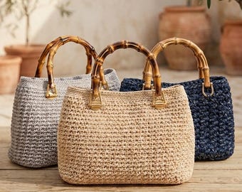 Bolso de ganchillo tailandés con cordón y asas con efecto bambú.