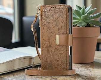 Embossed Floral Folding Phone Wallet Case with Lanyard, Synthetic Leather Card Holder