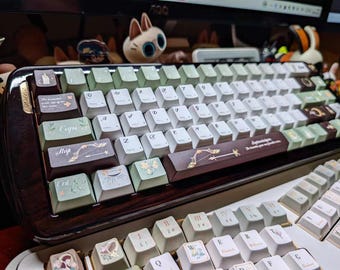 Botanical Keycaps - Sage Green PBT Cherry MX Height, 150-key Nature and Moon Theme Keyboard Accessory