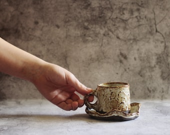 Small Handmade 4-5 oz Coffee/Espresso Cup and Saucer Set Earthy Rustic Stylish