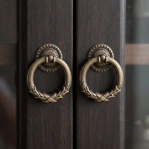 May include: Two antique brass ring pulls mounted on dark brown wood cabinet doors. Each circular handle features a decorative floral leaf pattern at the bottom and a fluted circular backplate with a beaded edge, providing a functional grip.