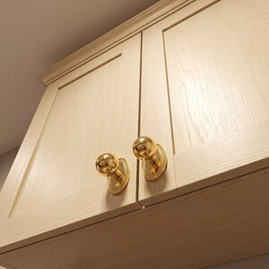 May include: Two polished gold spherical cabinet knobs mounted on light-colored wood cabinet doors. Each knob features a round handle attached to an oval-shaped backplate with a textured, beaded border, providing a metallic contrast to the wood.