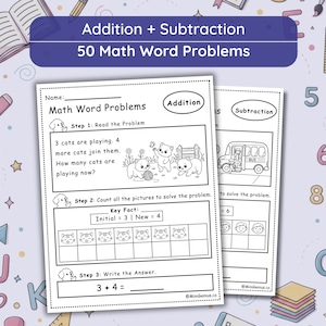 Hojas de ejercicios de matemáticas con problemas verbales de suma y resta para preescolar y jardín de infancia, imprimibles para practicar matemáticas en casa (PDF).