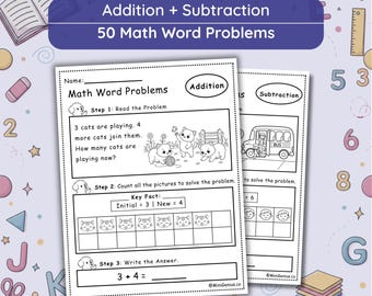 Kindergarten Math Worksheets - Word Problems - Addition Subtraction Activities - Preschool Math Printables PDF