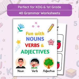 Puede incluir: Un conjunto de 40 hojas de trabajo de gramática para jardín de infantes y primer grado con el texto Fun with NOUNS VERBS & ADJECTIVES. La portada muestra una flor azul, un lápiz amarillo, una estrella rosa e ilustraciones etiquetadas Noun, Verb, Adjective.