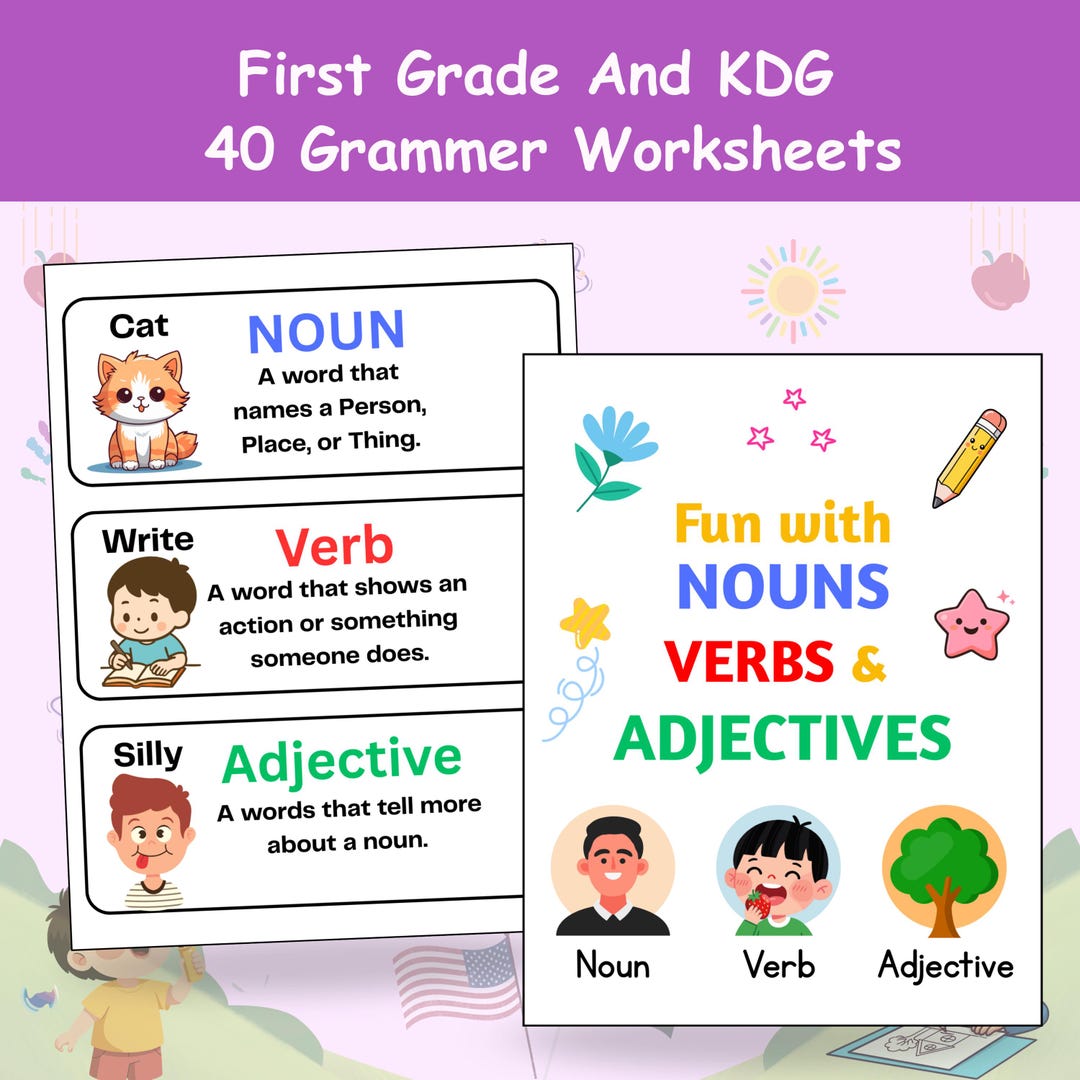 Year 1 Grammar Worksheets for First Grade Kindergarten, Nouns, Verbs ...