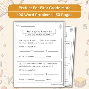 Könnte beinhalten: Doppelseitige Mathe-Aufgaben für die erste Klasse. Die Seiten sind weiß mit schwarzem Text und enthalten Additions- und Subtraktionsaufgaben. Das obere Banner lautet "Perfect For First Grade Math" und "100 Word Problems | 50 Pages".