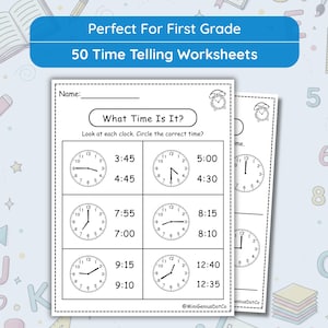 Könnte beinhalten: Ein Set aus pädagogischen Arbeitsblättern mit dem Titel 50 Time Telling Worksheets, bestehend aus schwarz-weiß bedruckten Seiten mit Uhrenillustrationen und Multiple-Choice-Fragen wie What Time Is It?, um das Ablesen analoger Uhren zu üben.
