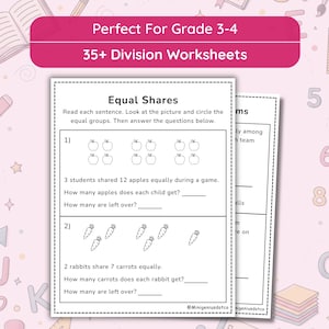 Op de afbeelding: Een set educatieve werkbladen voor delingen voor groep 5-6, getiteld Equal Shares. De pagina's bevatten zwart-wit lijntekeningen van appels en wortels met wiskundige vraagstukken waarbij leerlingen items gelijk moeten verdelen en restjes bepalen.
