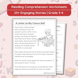 Pode incluir: Folhas de exercícios de compreensão de leitura intituladas 25+ Engaging Stories | Grade 3-4. A página apresenta uma história intitulada A Letter to My Future Self, acompanhada por uma ilustração a preto e branco de uma criança a escrever.