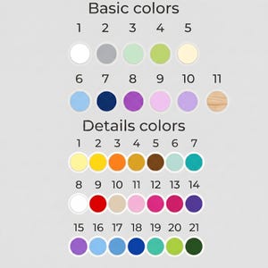 Pu&ograve; includere: Tabella colori con i testi "Colori di base" e "Colori di dettaglio". Il grafico mostra 21 campioni di colore numerati, tra cui bianco, grigio, blu, viola, rosa e tonalit&agrave; legno.