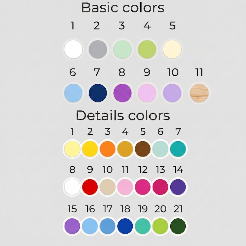 Pu&ograve; includere: Tabella colori con i testi "Colori di base" e "Colori di dettaglio". Il grafico mostra 21 campioni di colore numerati, tra cui bianco, grigio, blu, viola, rosa e tonalit&agrave; legno.