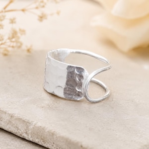 925 Sterling Silver Hammered Open Band Ring, Modern Artisan Silver Rings, Gift for Her
