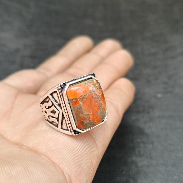 Anello da uomo in diaspro arancione / Anello con sigillo in argento fatto a mano / Pietra naturale / Gioielli da uomo vintage