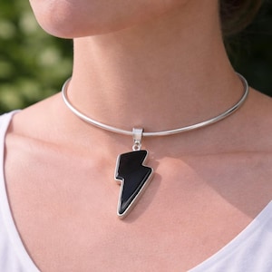 Black Lightning Bolt Necklace, Silver Choker, Minimalist Statement Jewelry, Modern Trendy Collar Necklace