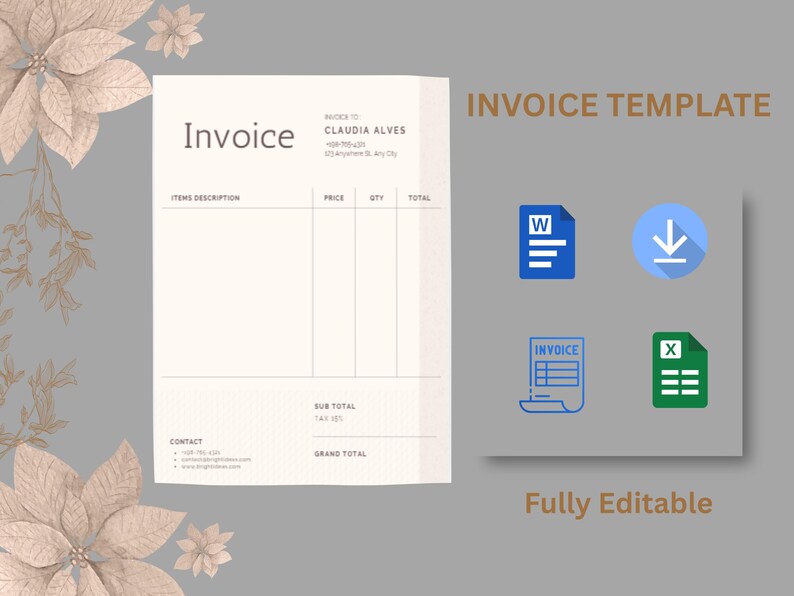 Editable Invoice Template for Google Docs, MS Word & Excel – Small ...