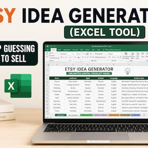 Arkusz kalkulacyjny generatora pomysłów Etsy | Narzędzie Excel do badania produktów cyfrowych | Planer dochodu pasywnego dla sprzedawców Etsy
