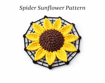 Patrón de ganchillo de girasol araña en PDF, aplique de flor de Halloween DIY