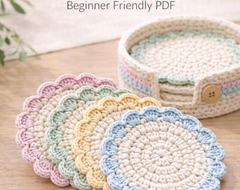 Patrón de posavasos festoneado de crochet con soporte (PDF para principiantes)