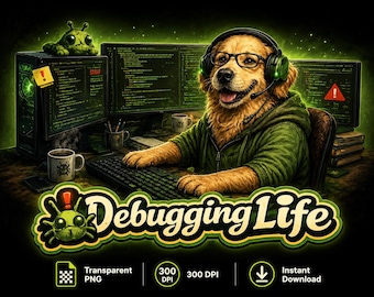 Diseño de camiseta divertida para programadores con temática de perros depurando la vida (PNG).