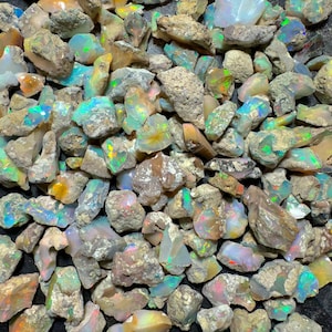 Könnte beinhalten: Eine Sammlung roher Opalsteine, die eine Vielzahl von Farben aufweisen, darunter Blau, Grün, Gelb und Orange. Die Opale sind vor einem neutralen Hintergrund platziert, der ihre natürlichen Texturen und das schillernde Farbspiel hervorhebt.