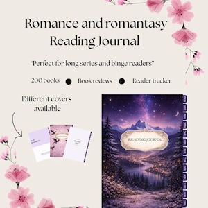 May include: A reading journal with the text "Romance and romantasy Reading Journal". The journal has a cover with a landscape design and the words "Reading Journal". The image also shows other journal covers and pink floral accents.