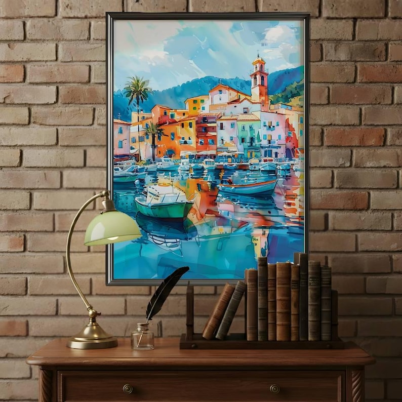 Italian Coastal Harbor Poster, Colorful Mediterranean Village Wall Art ...