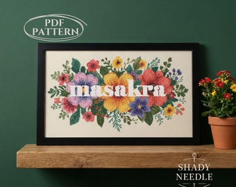 Cross stitch PDF pattern with "MASAKRA" quote. Subversive embroidery with polish bold text. Modern floral xstitch chart for instant download