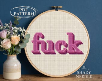Sassy cross stitch PDF pattern with "FUCK" in bold letters. Subversive xstitch desing for instant download. Simple chart for anxiety relief