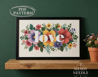 Cross stitch PDF pattern with LOVE text on floral background. Cute xstitch desing for instant download. Off screen hobby idea for me time