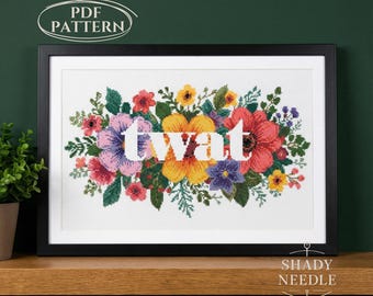 Snarky cross stitch PDF pattern with TWAT text. Subversive embroidery chart for instant download. Xstitch sassy design on floral background