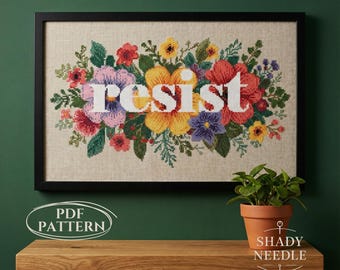 Cheeky cross stitch PDF pattern with RESIST quote. Embroidery chart for adults. Creative needlework design on floral background