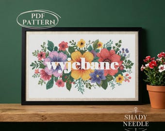 Funny cross stitch pattern with WYJEBANE quote. Subversive embroidery design with polish cuss word. Xstitch needlework on floral background