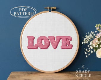 Cross stitch PDF pattern with LOVE text on bold letters. Cute xstitch desing for instant download. Off screen hobby idea for me time