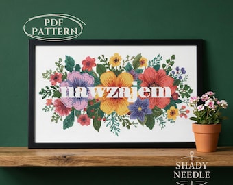 Funny cross stitch PDF pattern with NAWZAJEM text. Cheeky embroidery chart for instant download. Xstitch sassy design on floral background