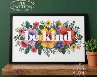 Flower wreath cross stitch PDF pattern with BE KIND text. Cute xstitch desing for instant download. Grandma hobby idea for analog lifestyle