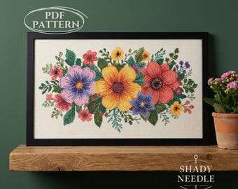 Flower wreath cross stitch PDF pattern for instant download. Floral xstitch desing for grandma hobby or to gift a loved one