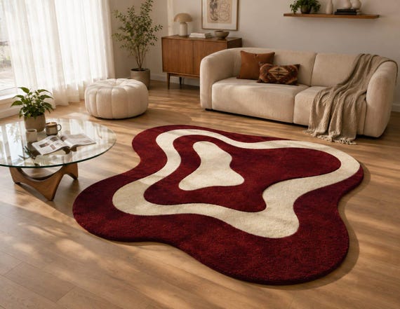 Hand-Tufted Wavy Area Rug, Burgundy Cream Retro Mid-Century Modern Carpet.