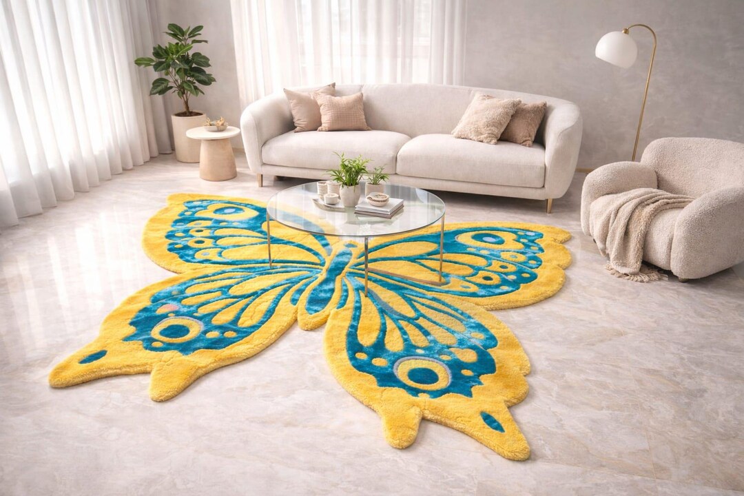 Hand Tufted Butterfly Wool Rug – Yellow Teal Kids Room Carpet - Etsy
