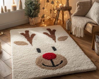 Christmas Reindeer Tufted Rug, Cozy Nordic Area Rug, Plush Holiday Carpet for Living Room Bedroom Winter Decor