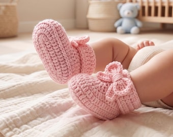 Mönster för virkade babytofflor för nyfödda till 8 månader, enkla tofflor med rosett, nybörjare, virkade unisexskor, pdf, digital nedladdning