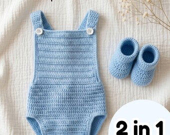 Virkat 2-i-1-mönster PDF Unisex Romper & Tossor-paket för nyfödd till 9 månader Enkla spädbarnsskor Romper med korsrygg Babyoutfit
